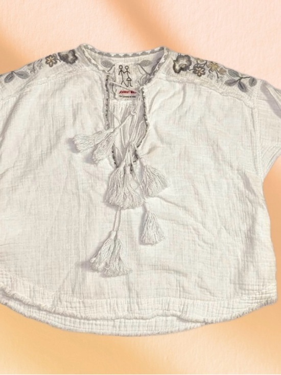 Johnny Was Tops - Johnny Was ~ Small ~ White W/Silver & Gray Floral Embroidery Triple Tassel Top